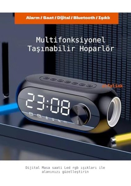 Şarjlı Dijital Masa Saati, FM Radyo, TF Kart, Aux, Alarm, Hoparlör Siyah