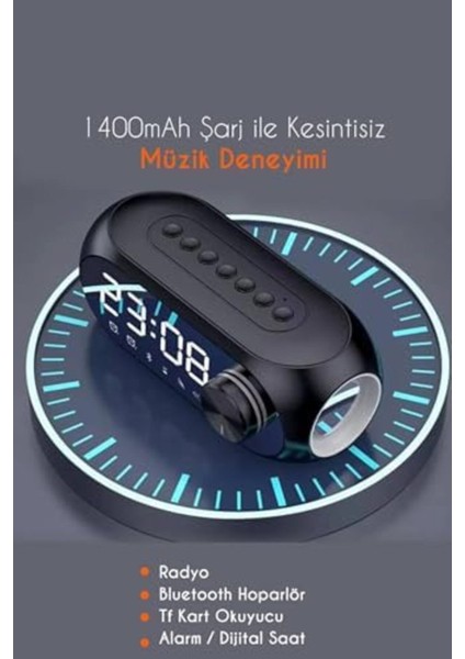 Şarjlı Dijital Masa Saati, FM Radyo, TF Kart, Aux, Alarm, Hoparlör Siyah