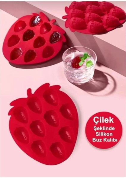 Elite Pratik Çilek Şeklinde Silikon Buz Kalıbı | Silikon Yapışmaz Buzluk Çilek Buz Kalıbı 1 Adet