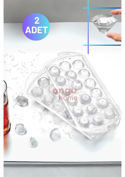 Elite 2 Adet Elmas Şekilli Buz Kalıbı 18 Bölmeli Pratik Buzluk Kapaklı Dekoratif Buzluk 1 Adet