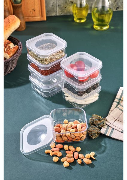 Elite 8 Adet Lunch Box Kahvaltılık Saklama Kabı - Şeffaf Kapaklı Kare Baharatlık Kahvaltılık Seti 1 Adet