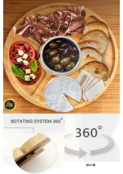 Elite 360 Dönerli 5 Bölmeli Sunum Tabağı Kahvaltılık , Çerezlik, Sunumluk Bambu Yuvarlak 33 X33 1 Adet