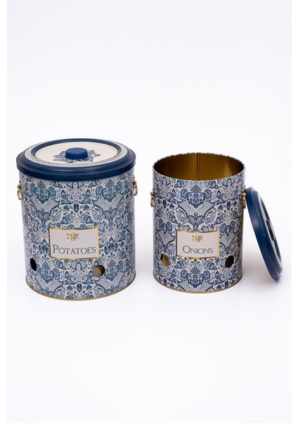 Elite Metal Patates Soğan Kovası - Sebzelik - Patates Soğanlık Sepeti 2li Set, Azulejos ERB23T6 1 Adet