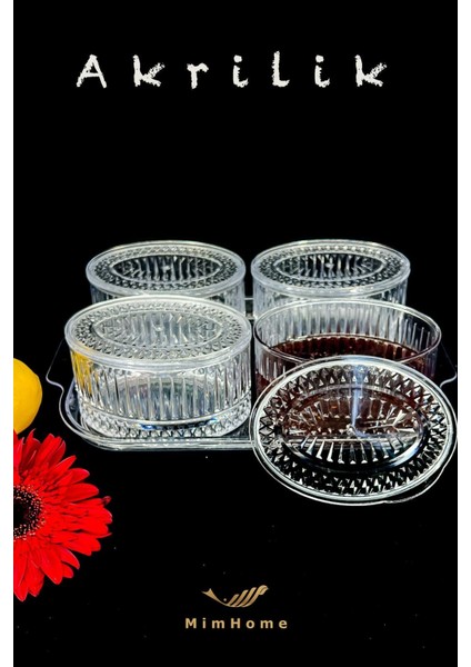 Elite Mimhome Akrilik [30X20]CM Elysia 4 Lü Oval Kahvaltılık Sunum : 4 Adet Kase &kapak + 1 Adet Tepsi 1 Adet