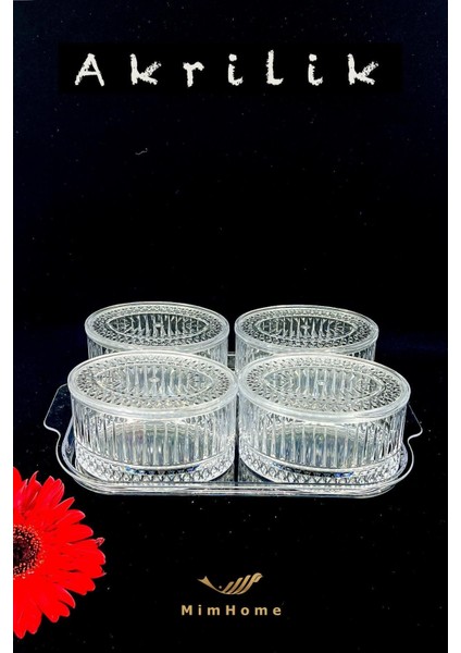Elite Mimhome Akrilik [30X20]CM Elysia 4 Lü Oval Kahvaltılık Sunum : 4 Adet Kase &kapak + 1 Adet Tepsi 1 Adet