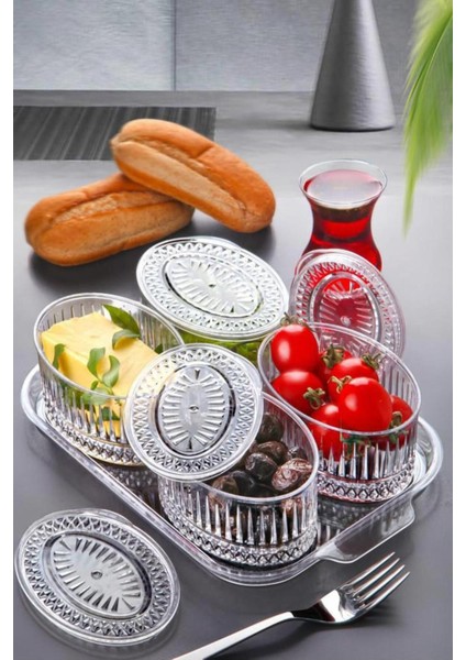 Elite Mimhome Akrilik [30X20]CM Elysia 4 Lü Oval Kahvaltılık Sunum : 4 Adet Kase &kapak + 1 Adet Tepsi 1 Adet
