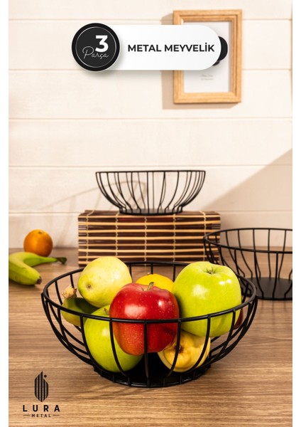 Elite 3'lü Oval Siyah Metal Tel Meyvelik ve Sebzelik - 24X11 cm Modern ve Şık Tasarım 1 Adet