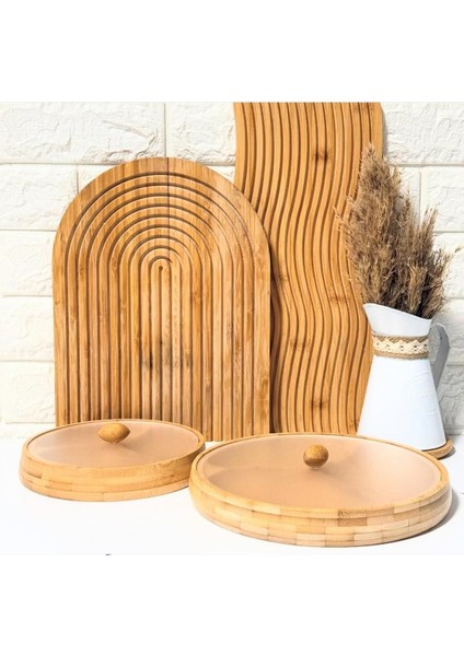Elite Bambu 2 Li Yuvarlak Bölmeli Çerezlik & Kahvaltılık Sunum Tabağı Cam Kapaklı 19X19X3 cm ve 24X24X3 cm 1 Adet
