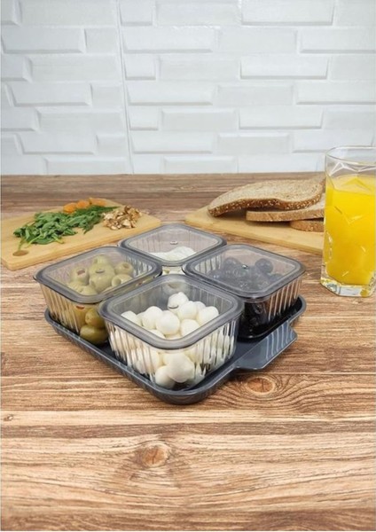 Elite 4 Bölmeli Tepsili Kapaklı Kahvaltılık Set - Şık ve Pratik Saklama ve Sunum Kabı" 5 Parça 1 Adet indirimleri