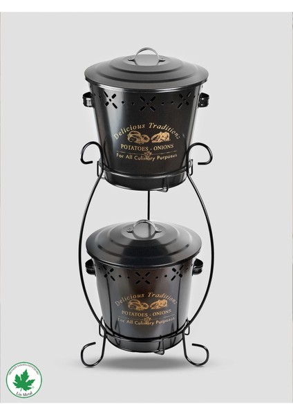 Elite Iki Katlı Konik Metal Patates Soğan Kovası, Saklama Kabı, Sebzelik (Delicious Traditions Baskılı) 1 Adet fırsatları