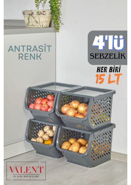 Elite 4'lü Patates & Soğanlık, Kapaklı Katlı Sebzelik, Oyuncak Sepeti, Banyo Büyük Düzenleyici Antrasıt 1 Adet
