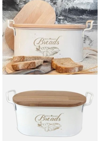 Elite Pinterest Stil Retro Sepet Bambu Kapaklı Ekmeklik Metal Kutu Ekmek Saklama Kutusu 1,5 L 1 Adet