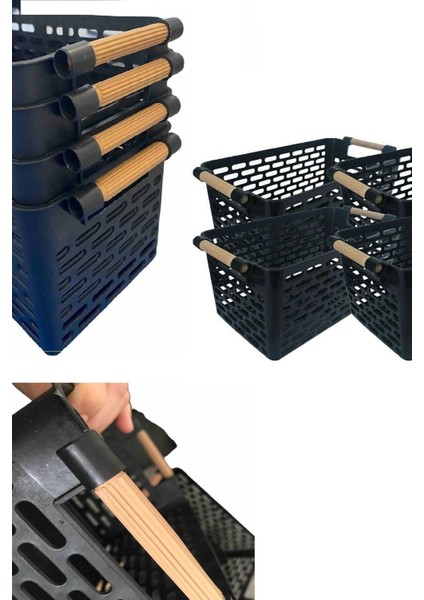 Elite 4 Adet Ahşap Renk Plastik Saplı Organizer Sepet Düzenleyici (Siyah) 1 Adet