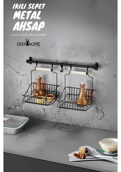 Elite Ferforje Metal Sepet Askı ve Kanca Set Siyah Retro 2 Sepetli 1 Adet