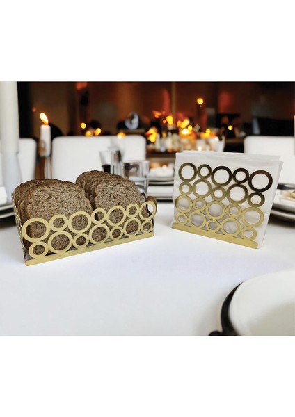 Elite Gold Renk 2'li Set Ekmek Sepeti ve Peçetelik 1 Adet