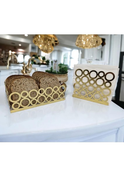 Elite Gold Renk 2'li Set Ekmek Sepeti ve Peçetelik 1 Adet