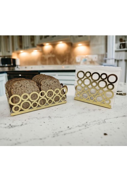 Elite Gold Renk 2'li Set Ekmek Sepeti ve Peçetelik 1 Adet