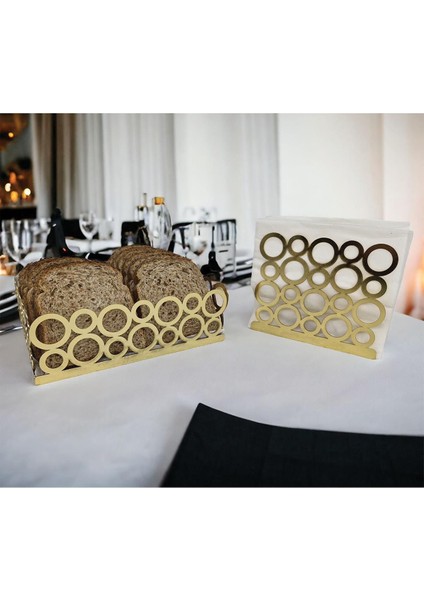 Elite Gold Renk 2'li Set Ekmek Sepeti ve Peçetelik 1 Adet