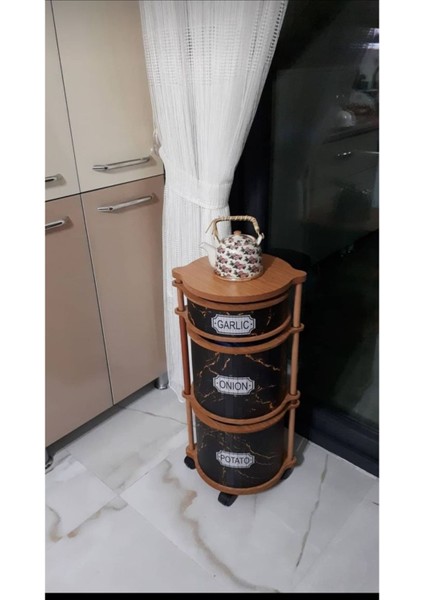 Elite Siyah Gold Desenli 3 Katlı Tekerlekli Çok Amaçlı Ahşap Patates Soğan Sepeti 1 Adet fırsatları