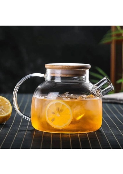 Elite 1000ML Bambu Kapaklı Isıya Dayanıklı Cam Bitki Çayı Demliği Cam Sürahi 1 Adet
