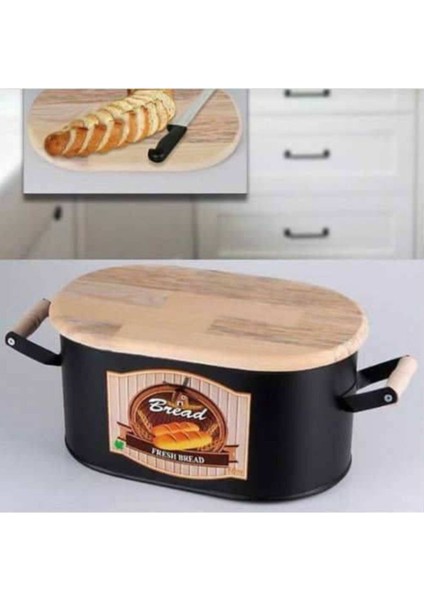 Elite Siyah Metal Ahşap Kesme Tahtalı Ekmeklik Ekmek Kutusu 12X32X16CM 1 Adet