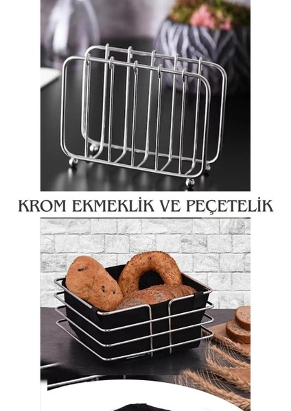 Elite Lüx Paslanmaz Krom Gümüş Ekmek Sepeti ve Peçetelik Ekmeklik 2'li Set 1 Adet