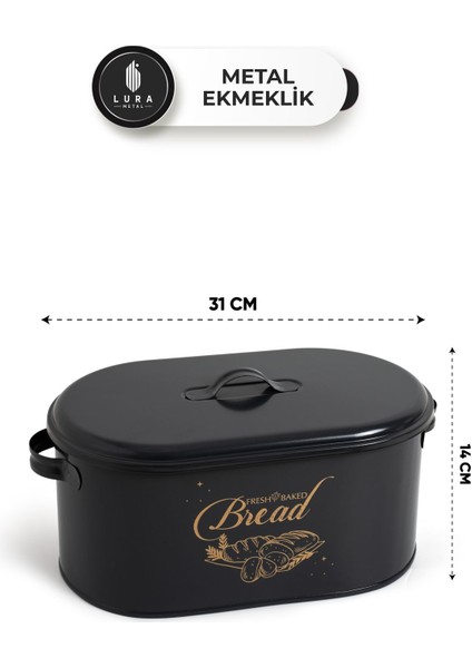 Elite Siyah Bread Baskılı 12 Lt Metal Ekmeklik - Ekmek Kutusu ve Ekmek Sepeti 1 Adet