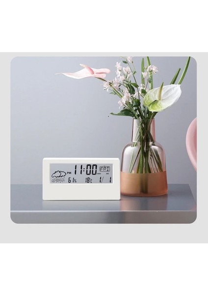 Şeffaf Tasarım Akıllı Masa Saati Termometre Nem Ölçer Hava Durumu Takvim Alarm Fonksiyonel Dekorati modelleri