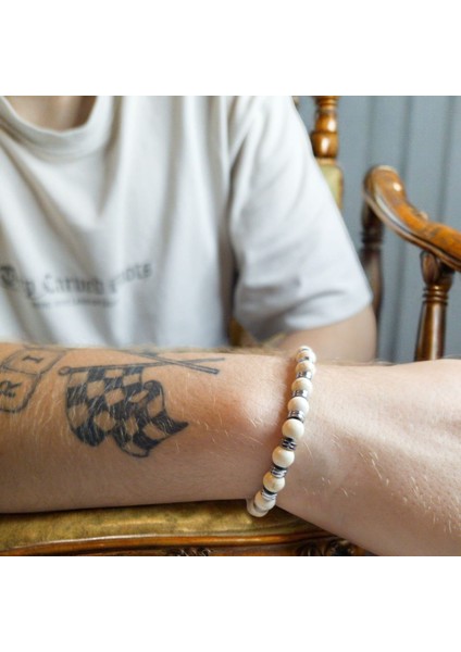 Howlite Power Erkek Bileklik (Çelik ve Havlit Taşlı, Kalın Erkek Bileğine Uygun, Nikel Içermez– Fundéa Jewelry