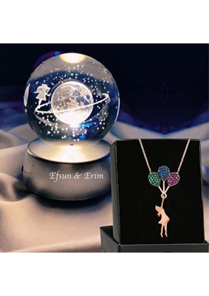 Kişiye Özel Satürn Işıklı Cam Küre 8cm*6cm Uçan Balonlu Kız Kolye