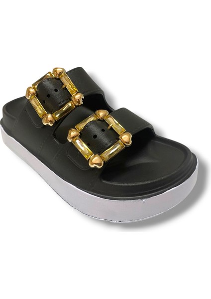 Akınal E474.Z.0000-25 Eva Altın Tokalı Çift Bant Kadın Terlik
