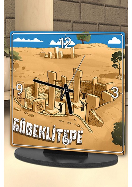 Göbeklitepe Temalı Ahşap Masa Saati, Bej Renk, Analog Zaman Göstergesi