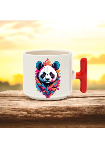 Renkli Panda Tasarımlı Kırmızı T Kulplu Seramik Baskılı Kupa Bardak 250 ml