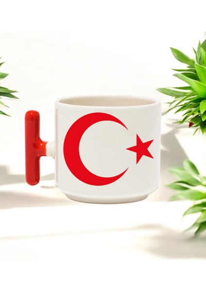 Ay Yıldız Tasarımlı Kırmızı T Kulplu Seramik Baskılı Kupa Bardak 250 ml