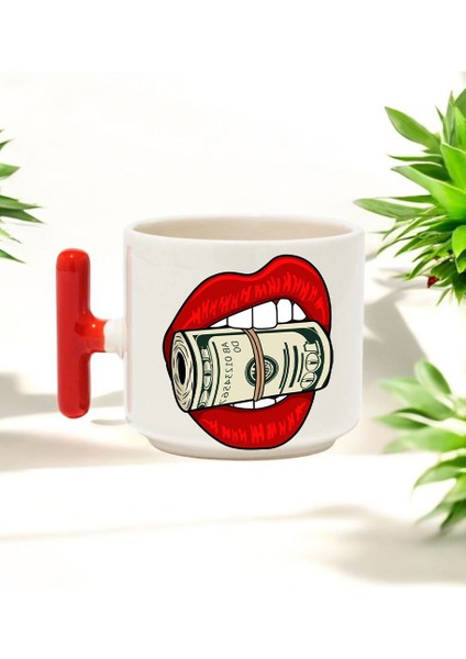 Dolar Işareti Tasarımlı Kırmızı T Kulplu Seramik Baskılı Kupa Bardak 250 ml