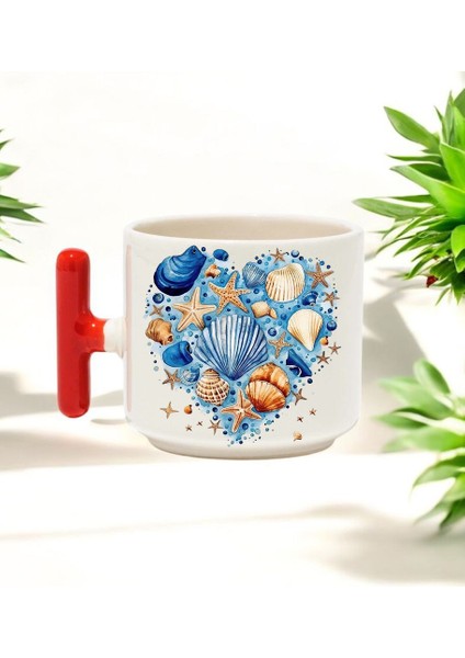 Deniz Kabukları Tasarımlı Kırmızı T Kulplu Seramik Baskılı Kupa Bardak 250 ml