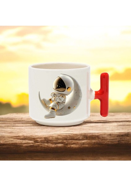 Astronot Tasarımlı Kırmızı T Kulplu Seramik Baskılı Kupa Bardak 250 ml