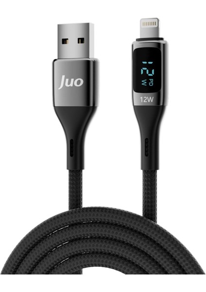 12W Dijital LED Ekranlı Usb-A To Lightning iPhone iPad Örgülü Hızlı Şarj ve Data Kablosu 1 Metre
