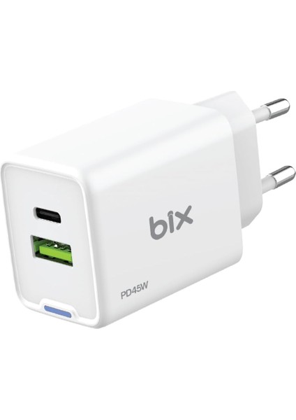 BX2P46G Gan Pd 45W Type-C ve Usb-A Qc 18W Çift Portlu Akım Korumalı Hızlı Şarj Cihazı (Beyaz)