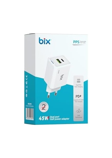 BX2P46G Gan Pd 45W Type-C ve Usb-A Qc 18W Çift Portlu Akım Korumalı Hızlı Şarj Cihazı (Beyaz)