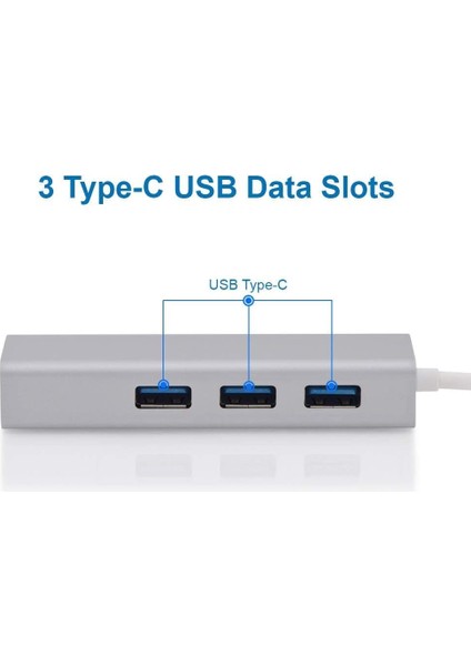 Type C Ethernet 1000MBPS - 1 Gigabit RJ45 Adaptör ve 3 USB Bağlantı Noktası 3.0 Data Hub MacBook Air/pro iMac Acer Lenovo Asus Hp Samsung Huawei ile Uyumlu - Gümüş
