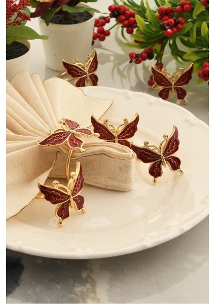 Elite Butterfly 6'lı Gold Lüks Peçete Halkası, Kırmızı Mineli Kelebek Peçete Yüzüğü 1 Adet