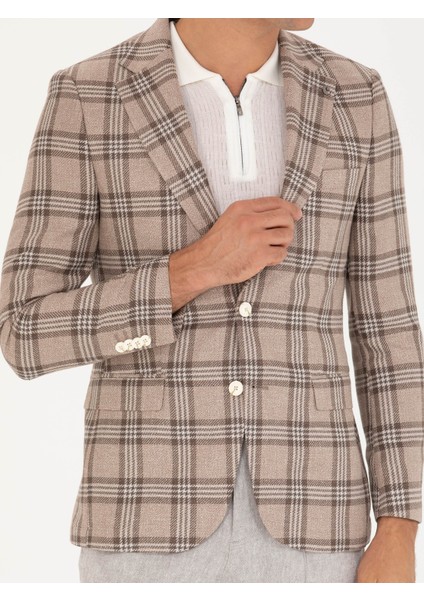 Erkek Kahverengi Slim Fit Keten Karışımlı Ceket 50264760-VR029