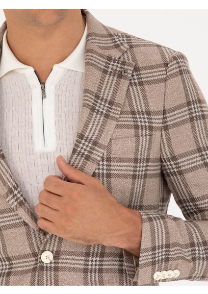 Erkek Kahverengi Slim Fit Keten Karışımlı Ceket 50264760-VR029