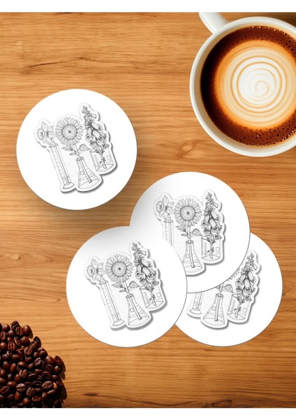 Elite Kimya Severlere Deney Tüpü Saksı Sticker 4'lü Ahşap Bardak Altlığı 1 Adet