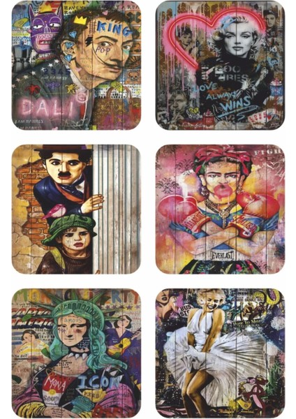 Elite Pop Art Ünlüler Charlie Chaplin Marilyn Monroe Salvador Dali 6lı Retro Ahşap Bardak Altlığı Set 1 Adet