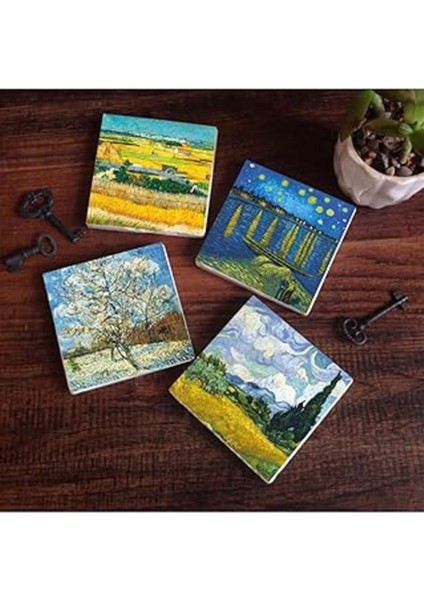 Elite Pinecone Van Gogh Buğday Tarlası, Şeftali Ağacı, Hasat Manzarası, Ren Nehri’nde Bir Gece Taş Bardak 1 Adet