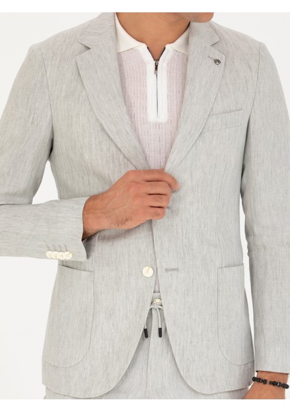 Erkek Açık Gri Slim Fit %100 Keten Ceket 50268891-VR001