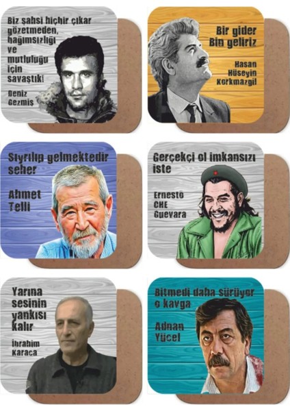 Elite Deniz Gezmiş, Che, Adnan Yücel, Ahmet Telli, Devrim Temalı 6lı Ahşap Bardak Altlığı Seti 1 Adet