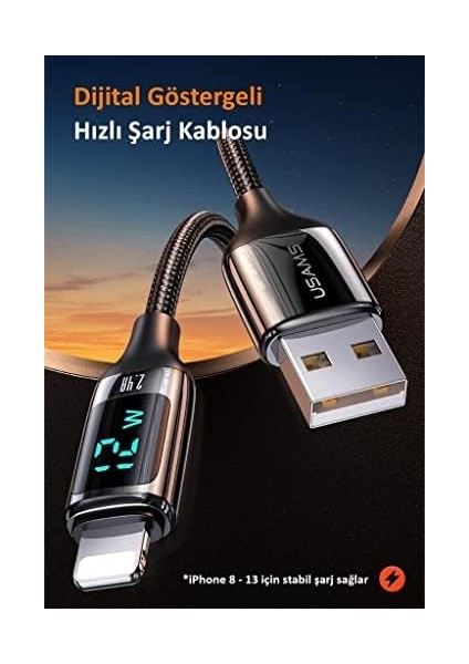 US-SJ543 Dijital Göstergeli,çipli,örgülü, 1.2m 2.4A Lightning iPhone Şarj ve Data Kablosu Amz